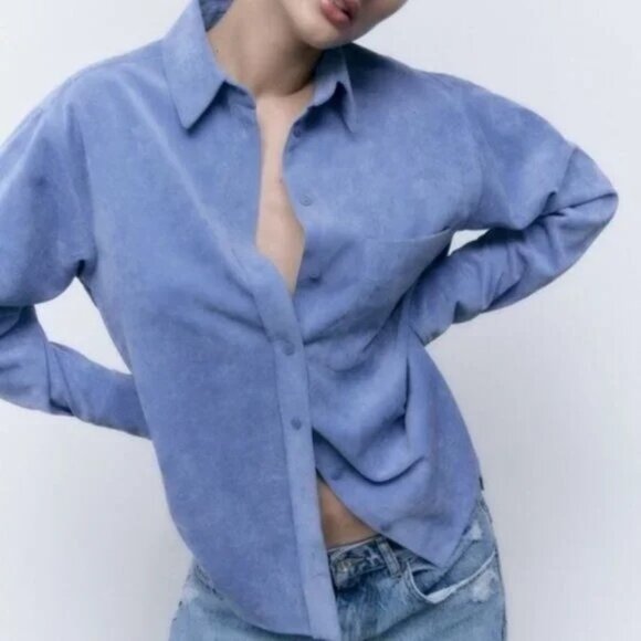 Zara Fine-Waled Corduroy Oversized Blue Button-Up Shirt With Pocket Size XS - Picture 1 of 16